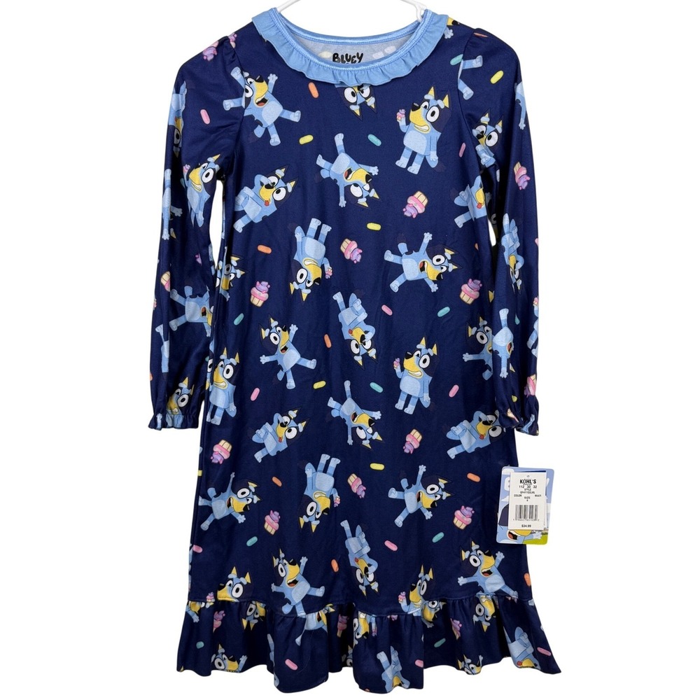Bluey Girl Cupcake Party Long Sleeve Flame Resistant Nightgown Pajama Size 8 NWT